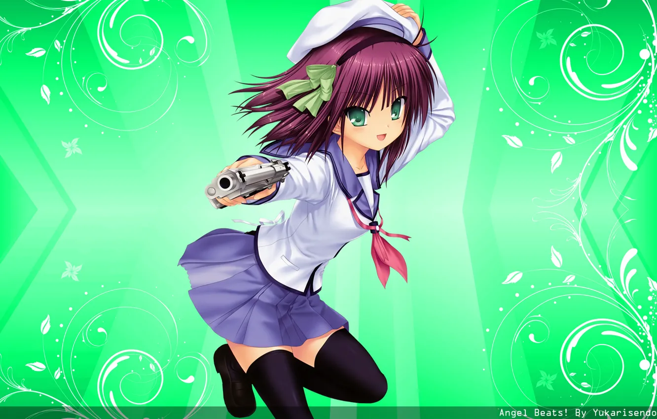 Photo wallpaper gun, stockings, takes, green eyes, angel beats, sailor, Yuri Nakamura