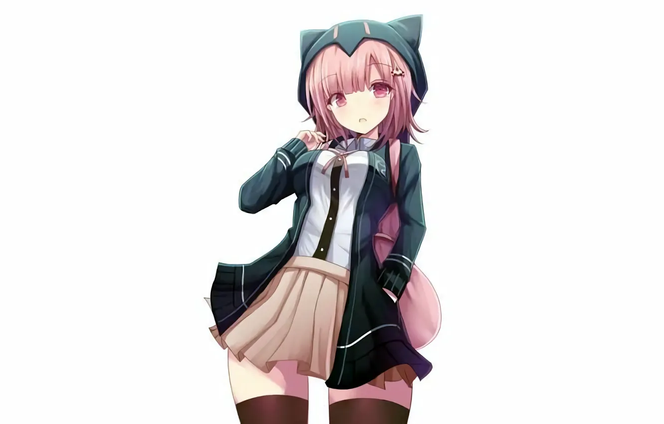 Photo wallpaper girl, sexy, blouse, school uniform, thighhighs, pink hair, long hair, anime