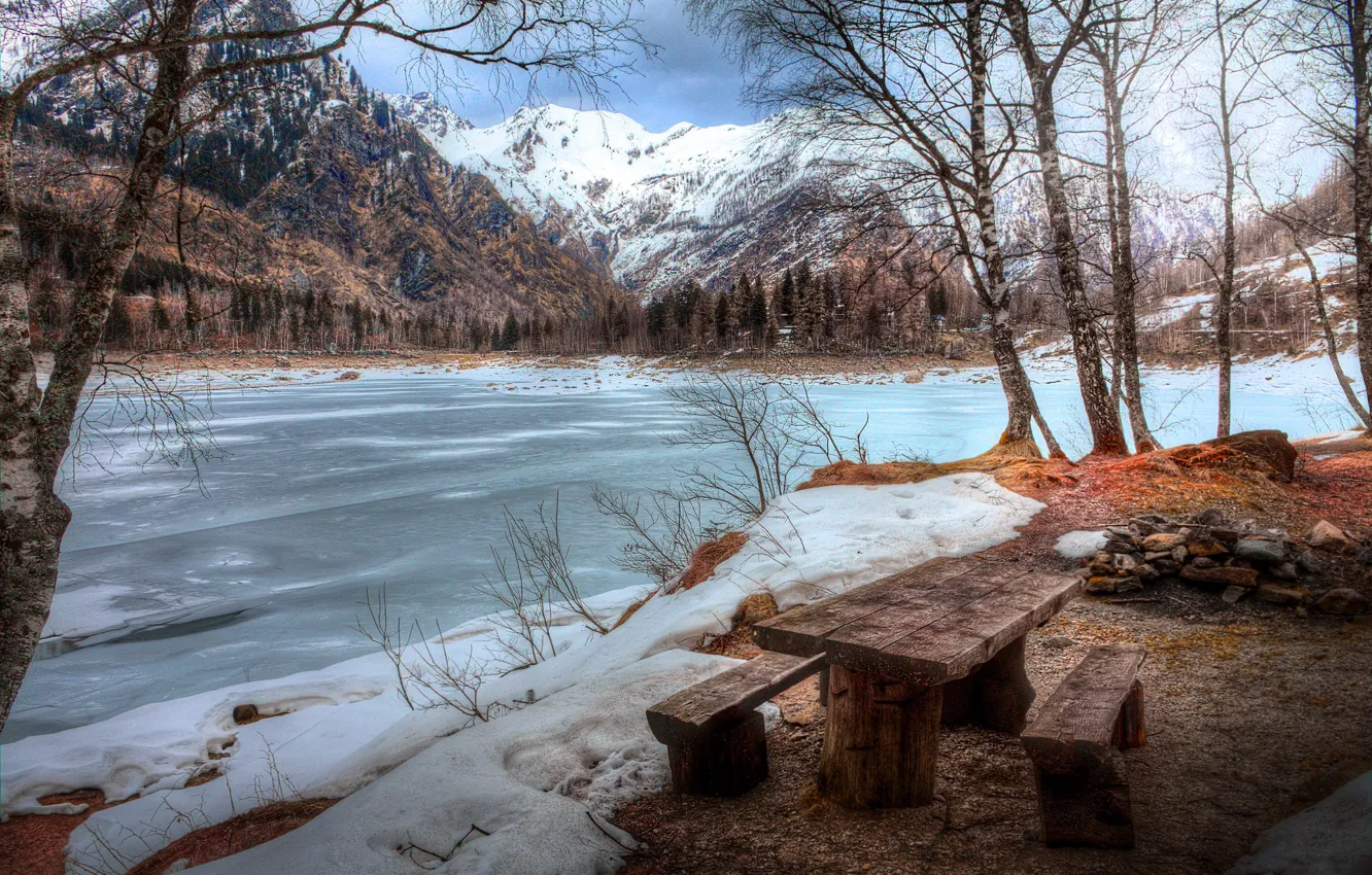 Photo wallpaper winter, mountains, river, bench, Italia, Piemonte, Antrona Schieranco