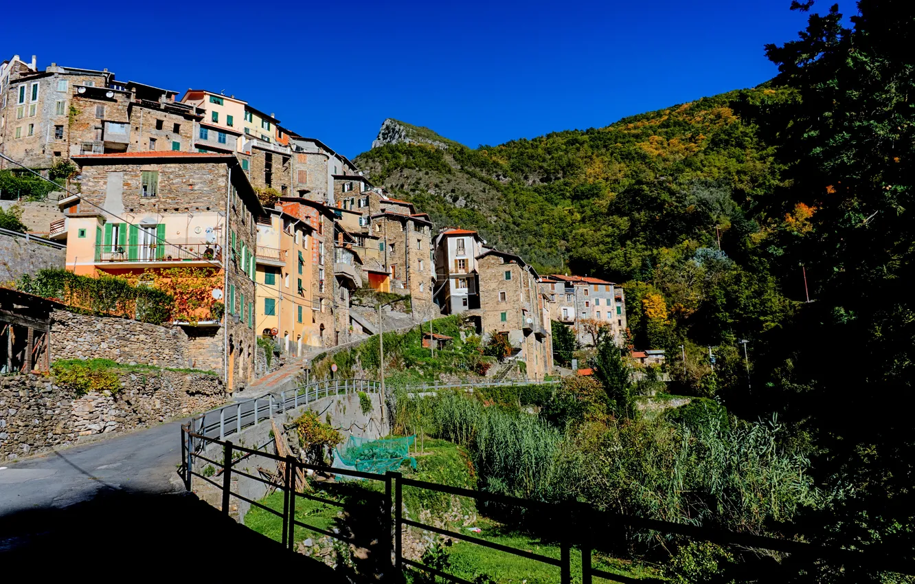 Photo wallpaper mountains, street, home, Italy, Liguria, Pigna