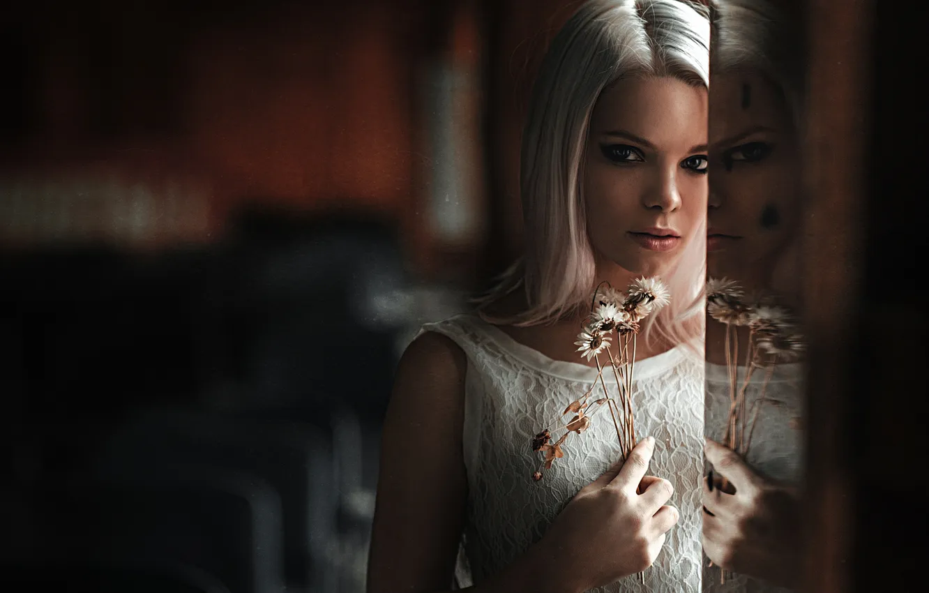 Photo wallpaper Flowers, Reflection, Look, Blonde, Dress, White, Masha Sidorova