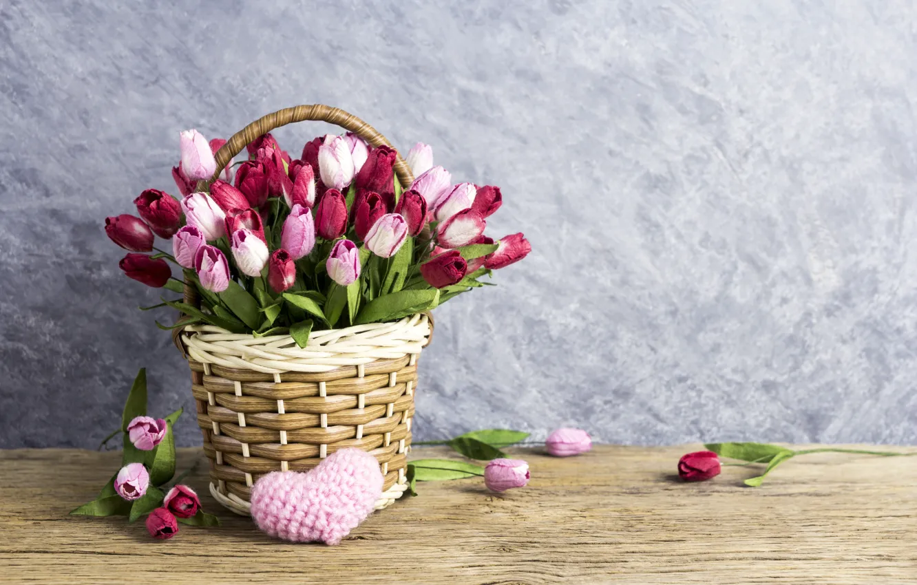 Photo wallpaper love, flowers, heart, tulips, love, pink, basket, vintage