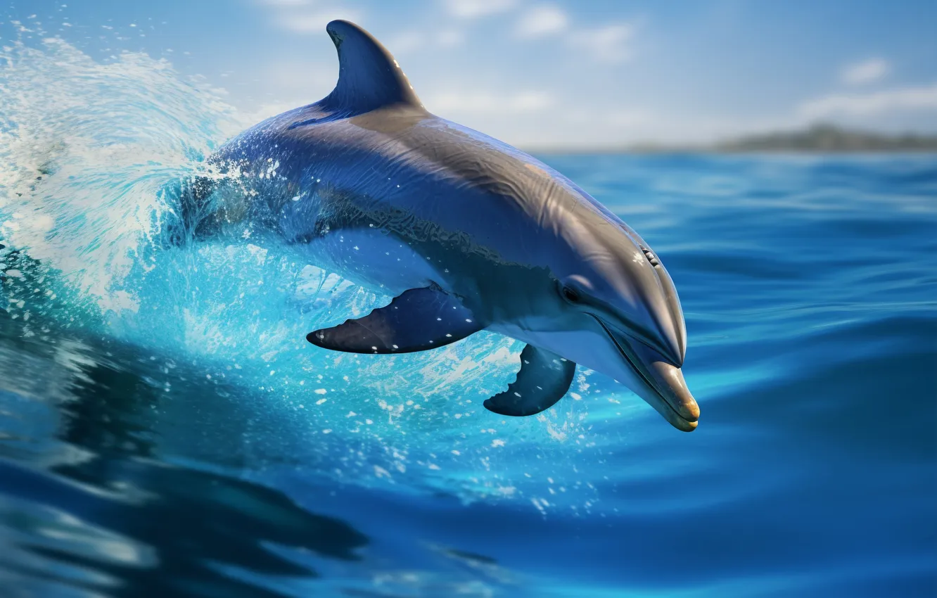 Photo wallpaper sea, water, jump, dolphins, digital art, AI art, The Art of Artificial Intelligence, neural network