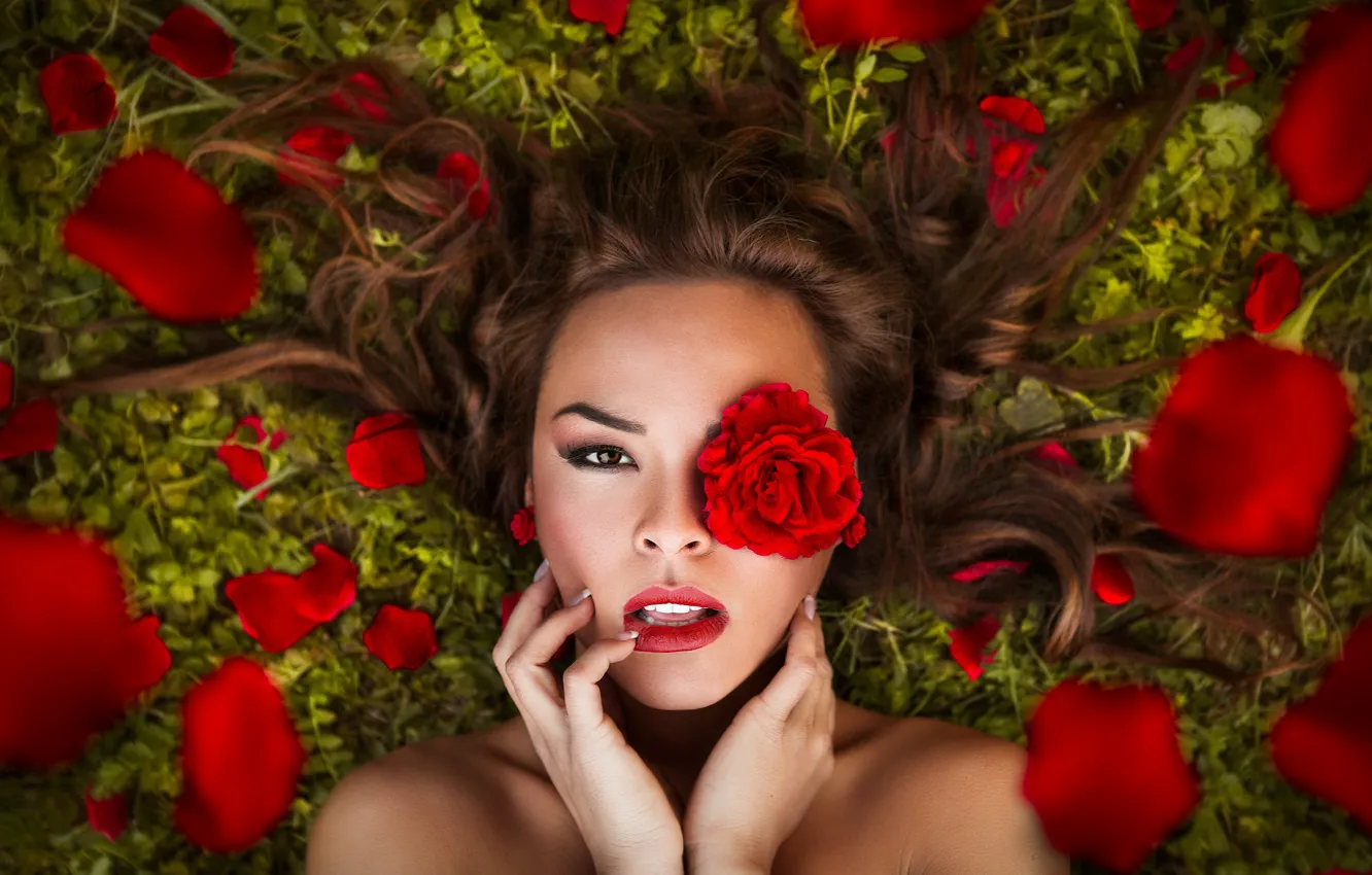 Photo wallpaper flower, look, girl, face, hair, rose, hands, makeup