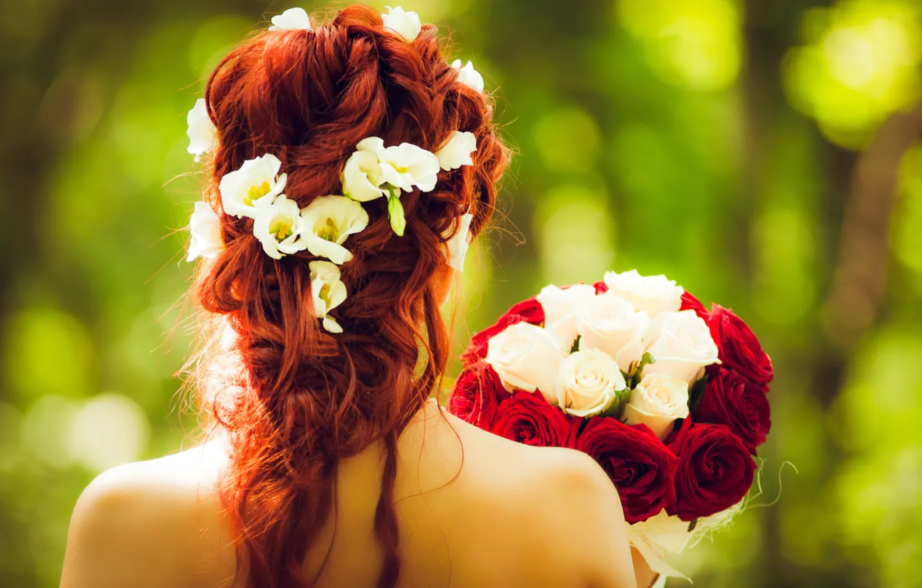 Photo wallpaper girl, bouquet, hairstyle, the bride