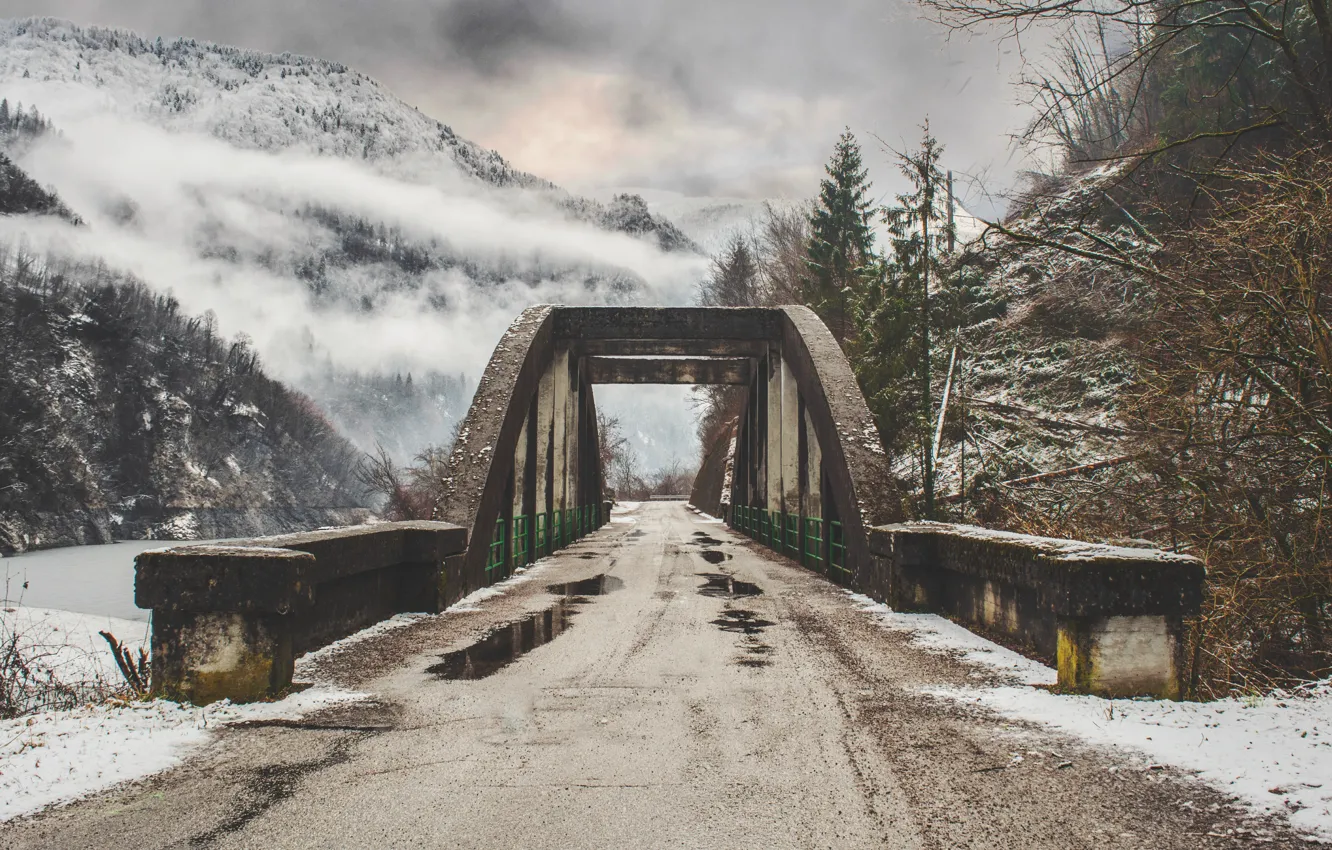 Photo wallpaper road, forest, snow, trees, mountains, bridge, fog, lake
