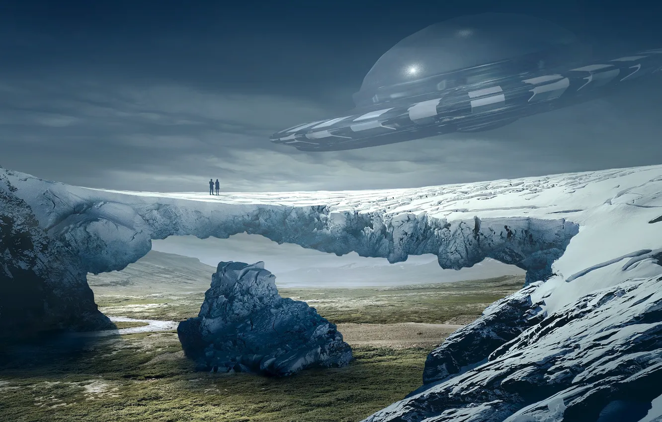 Photo wallpaper field, the sky, clouds, snow, flight, mountains, bridge, fog