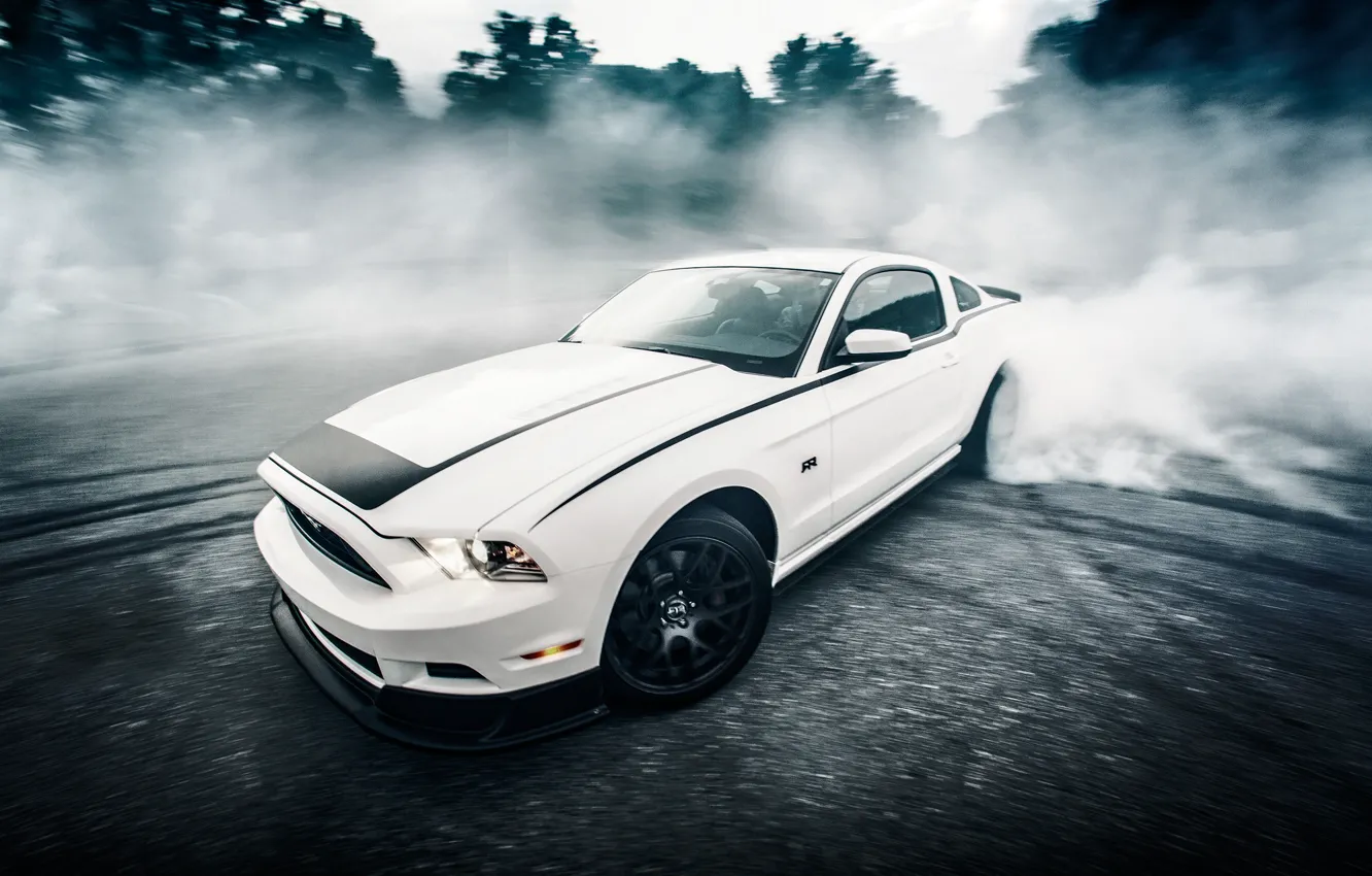 Photo wallpaper road, car, forest, white, asphalt, speed, mustang, sports car