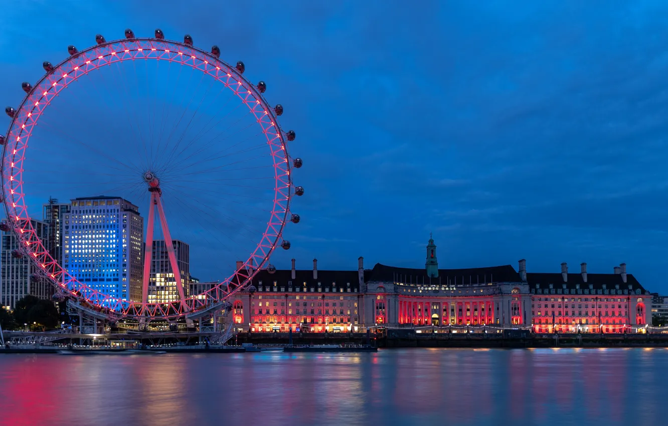 Photo wallpaper the city, river, London, building, home, the evening, wheel, lighting