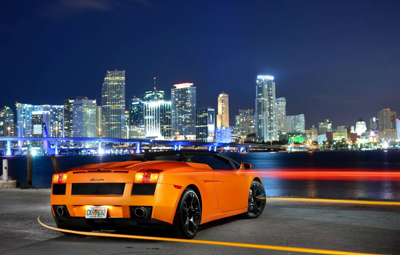 Photo wallpaper Lamborghini, City, Orange, Gallardo, Sky, Spyder, Supercar, Rear