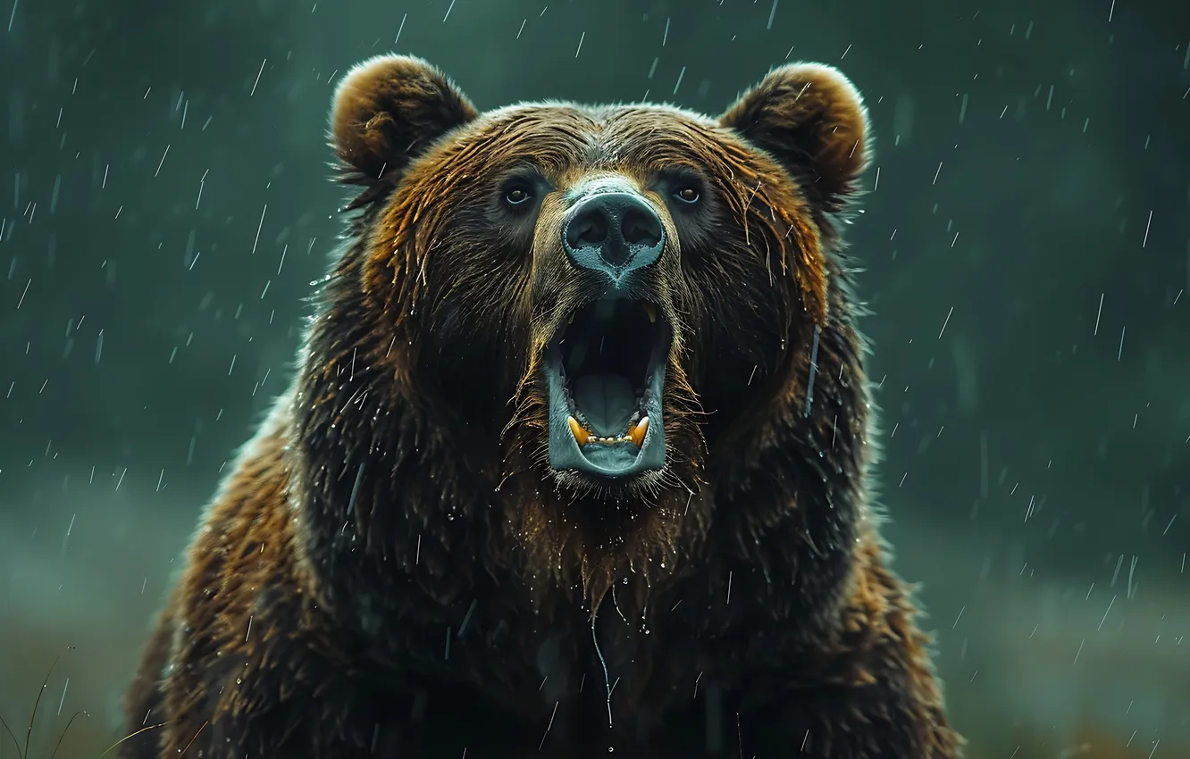 Photo wallpaper face, rain, predator, bear, grin, brown bear, digital art, AI art