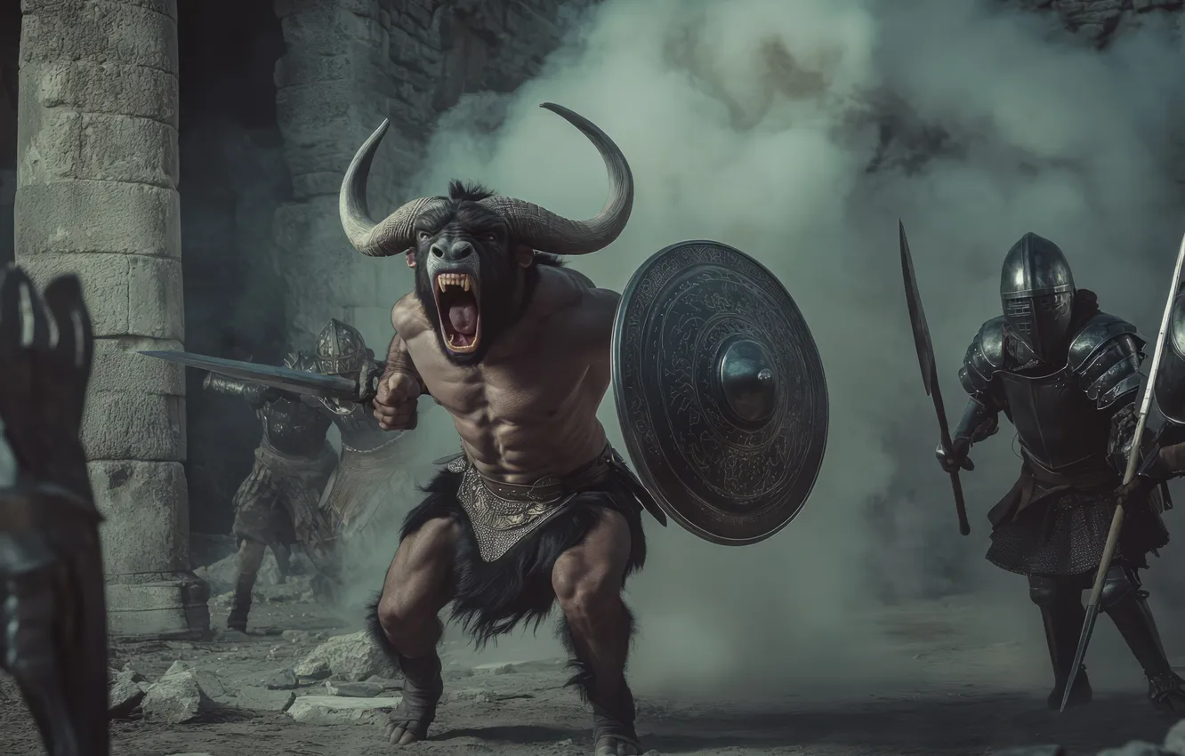 Photo wallpaper warrior, grin, horns, battle, the battle, shield, monster, knight