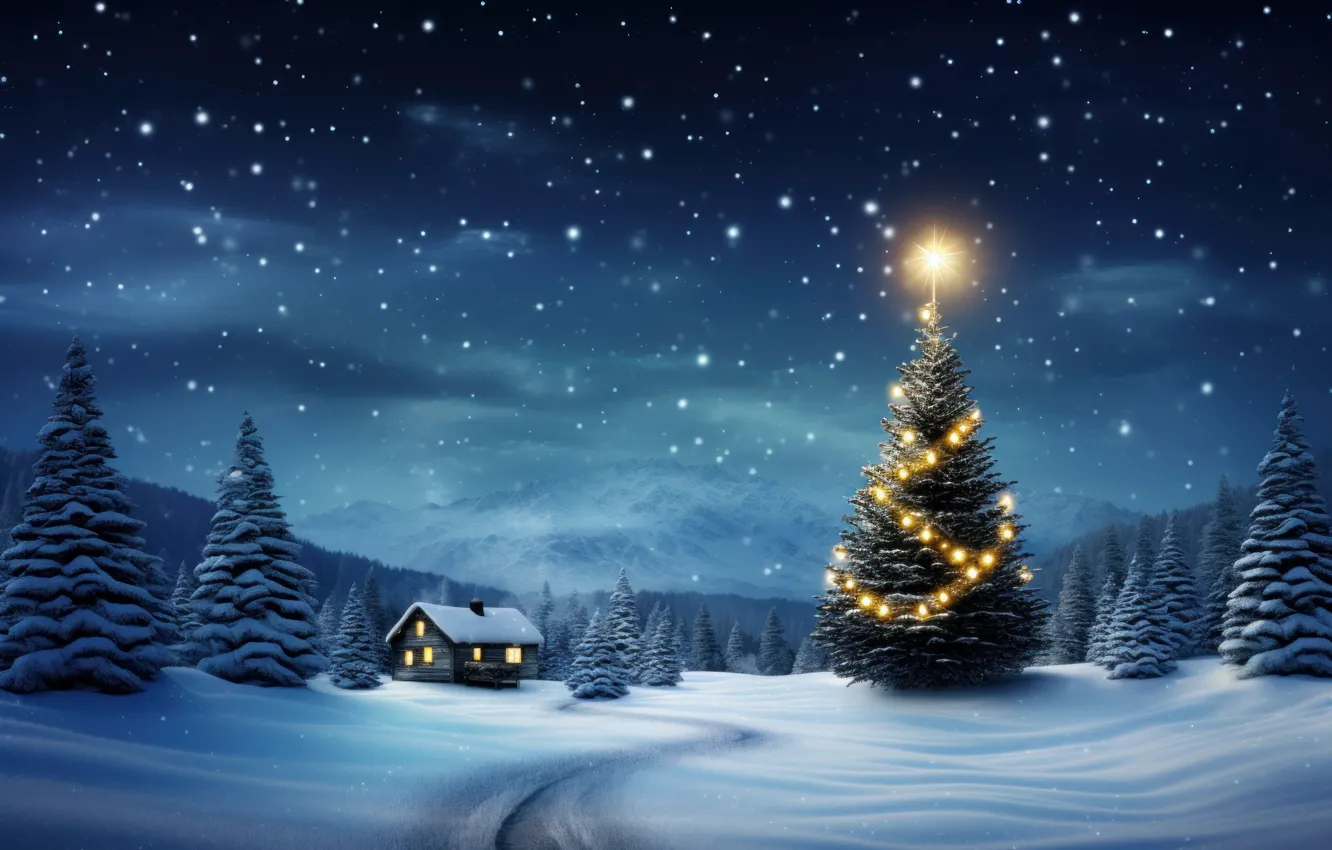 Photo wallpaper winter, snow, nature, new year, Christmas, house, hut, hut