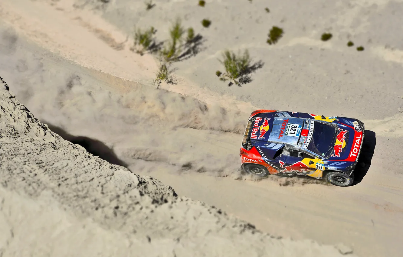 Photo wallpaper Sand, 2008, Sport, Speed, Race, Peugeot, Red Bull, Rally
