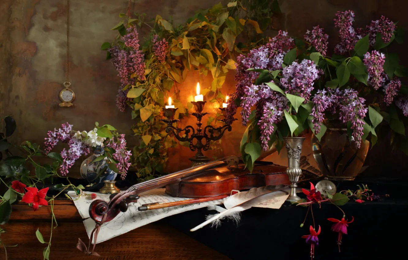 Photo wallpaper violin, watch, candles, still life, lilac