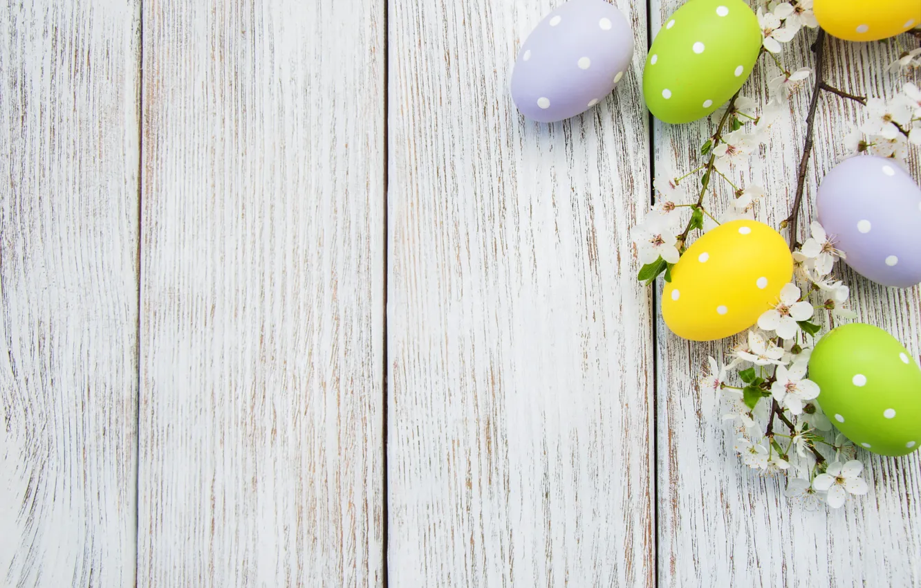 Photo wallpaper flowers, eggs, spring, colorful, Easter, wood, blossom, flowers
