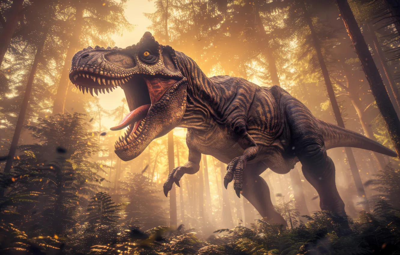 Photo wallpaper face, trees, animal, dawn, dinosaur, predator, teeth, grin