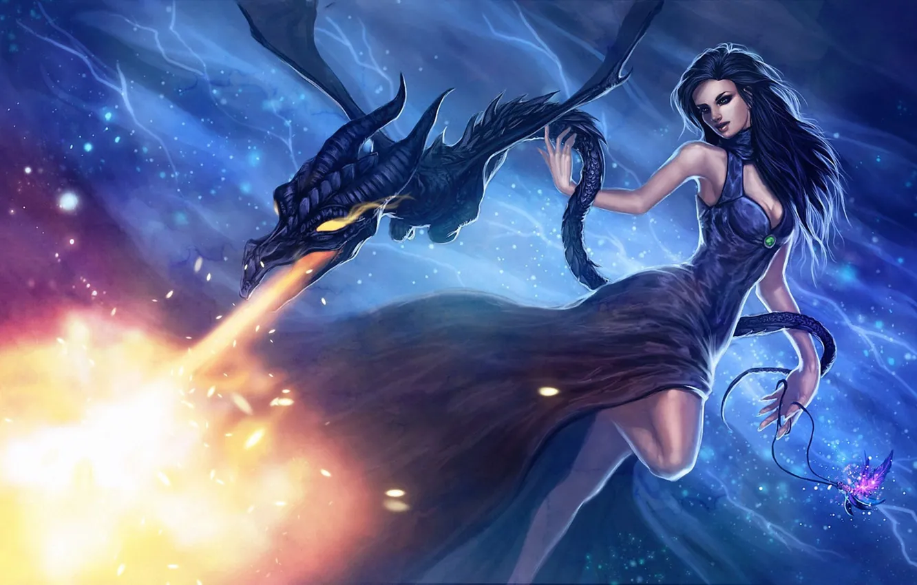 Photo wallpaper girl, lights, magic, dragon, fantasy, art