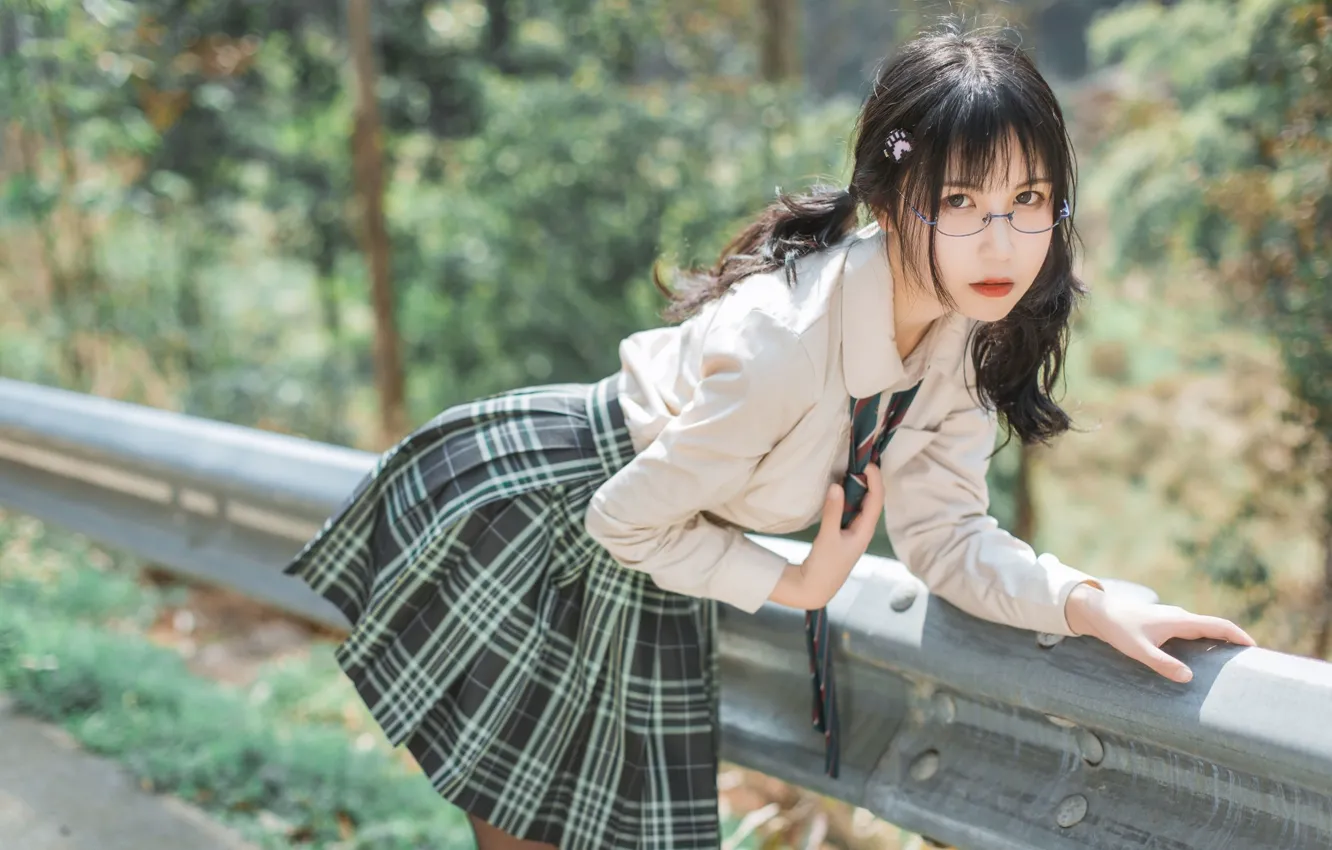 Photo wallpaper flower, woman, model, asian, glasses, uniform, outdoor, Riling