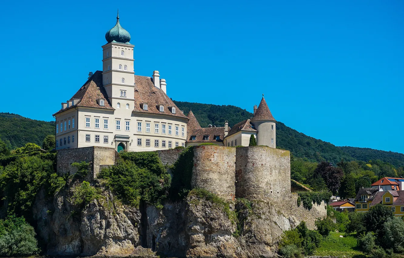 Photo wallpaper forest, the sky, the sun, trees, mountains, nature, river, castle