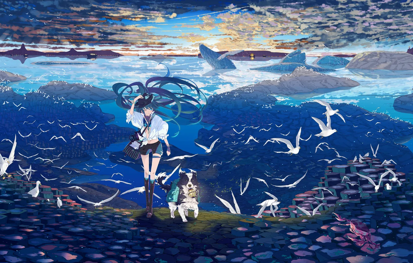 Photo wallpaper sea, the sky, girl, clouds, sunset, animal, bird, dog