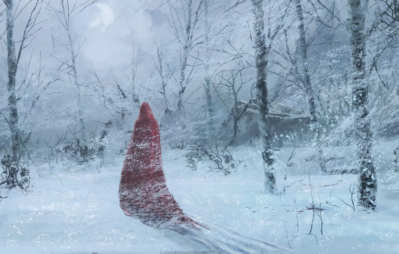 Photo wallpaper winter, forest, snow, trees, red, figure, art, cloak