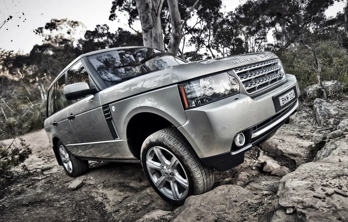 Photo wallpaper trees, stones, jeep, Land Rover, Range Rover, the front, Range Rover, Land Rover