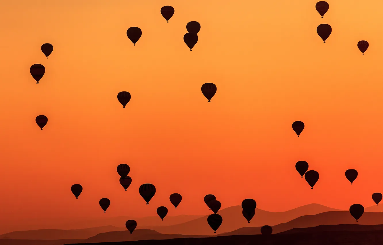 Photo wallpaper the sky, mountains, balloon, glow, Turkey, Cappadocia