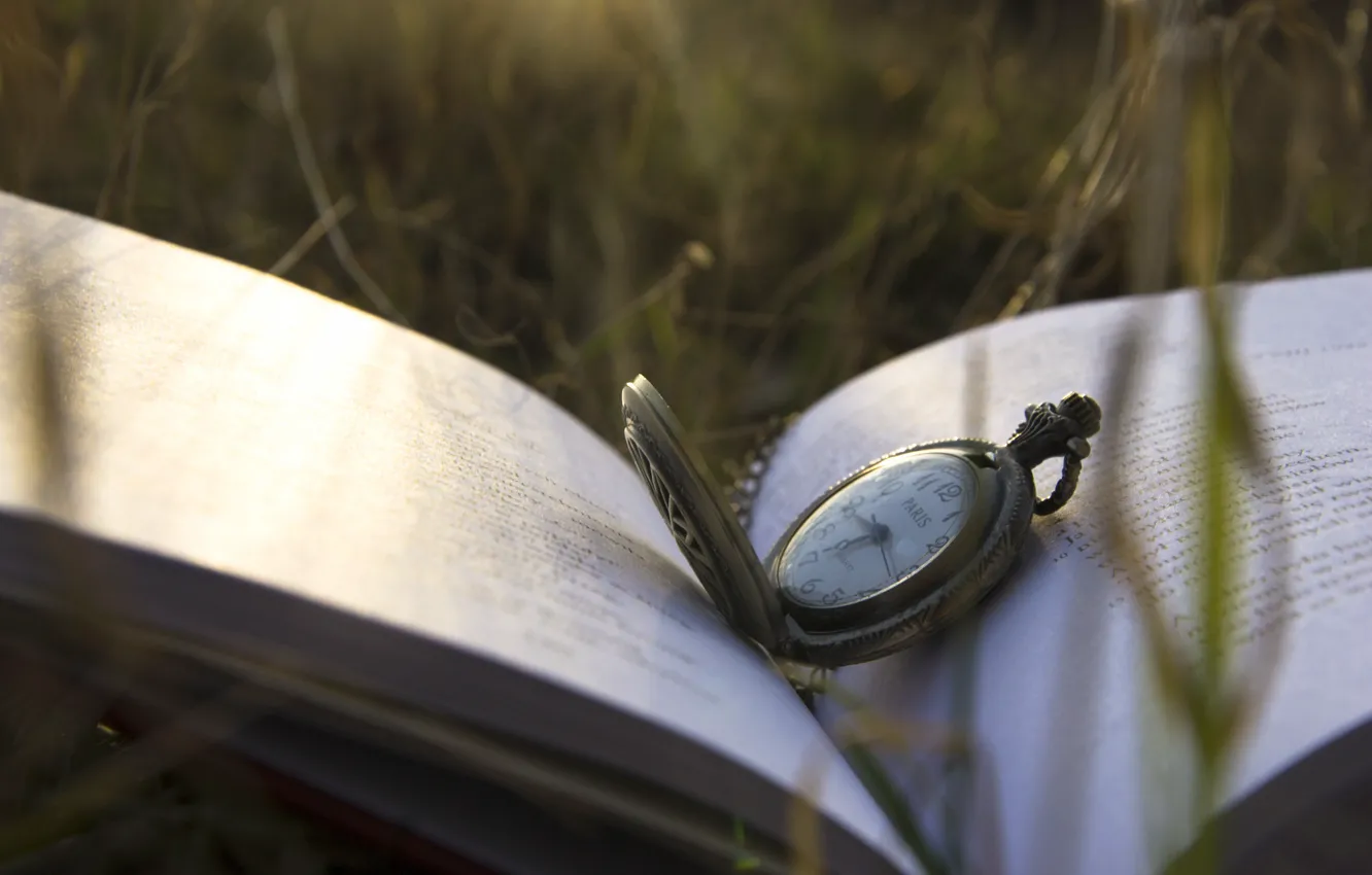 Photo wallpaper grass, watch, book, cover, dial