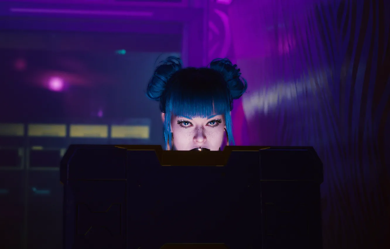 Photo wallpaper girl, computer, lips, look, violet, looking, night city, Cyberpunk 2077