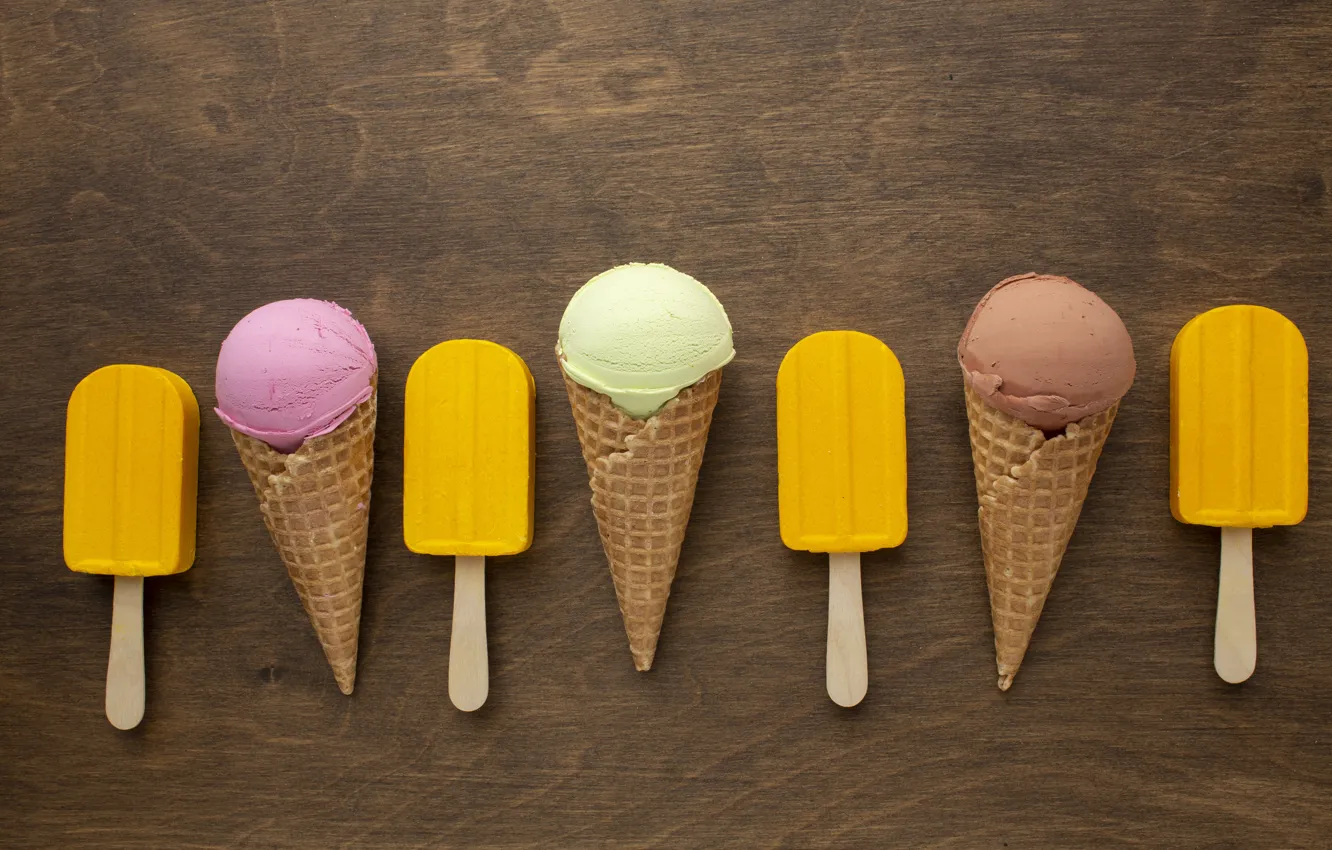 Photo wallpaper yellow, Board, ice cream, pink, horn, different, dessert, Popsicle