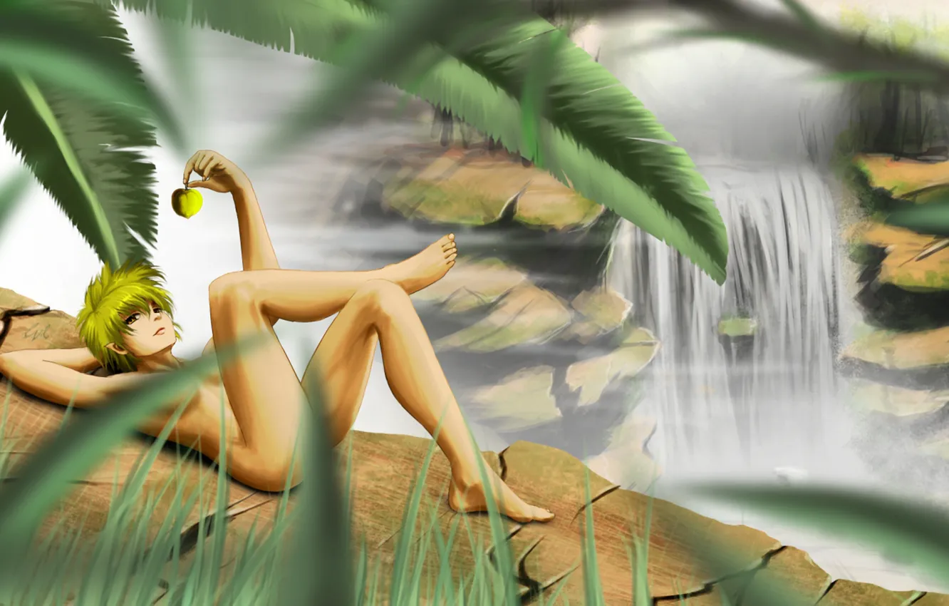 Photo wallpaper girl, stones, stay, waterfall, lies, fruit, pointy ears