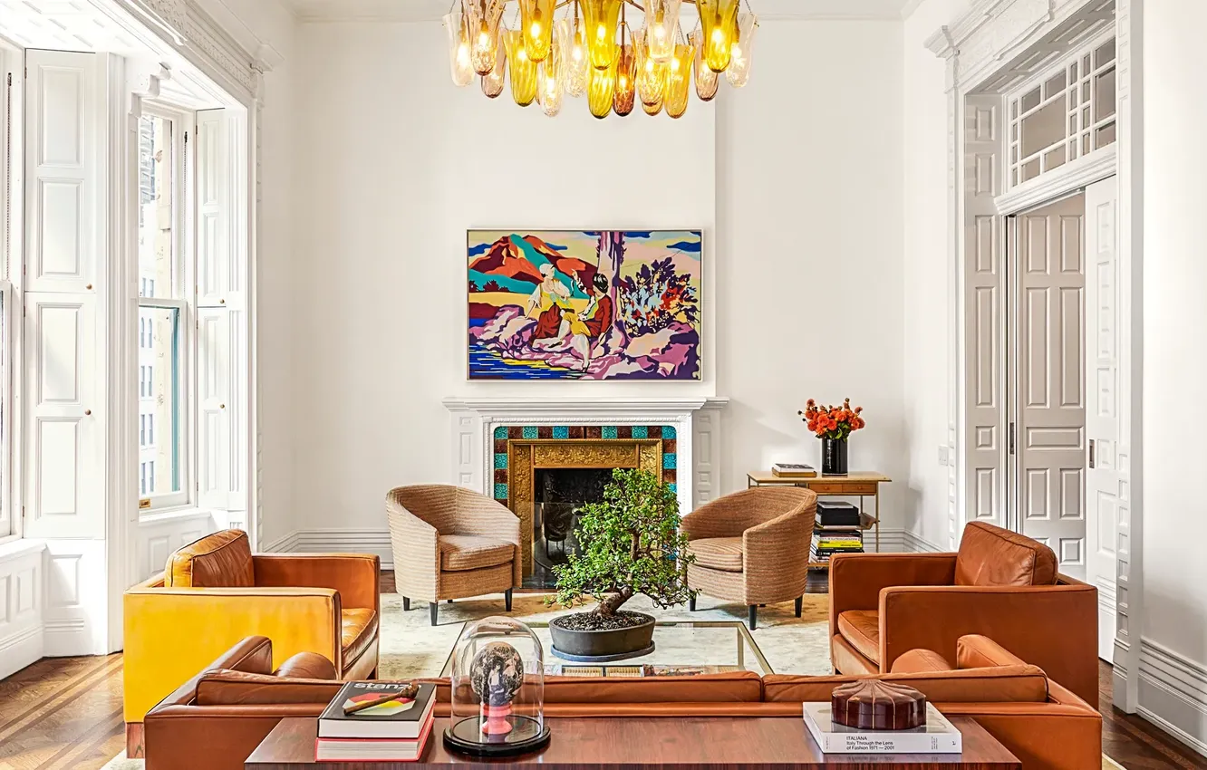 Photo wallpaper design, style, room, plant, interior, picture, book, fireplace