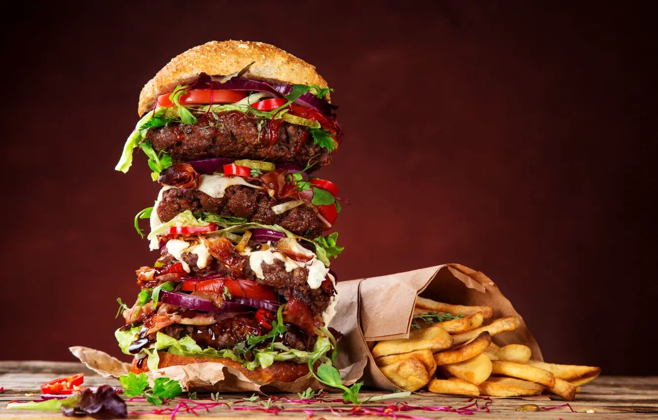 Photo wallpaper Hamburger, Food, Buns, Fast food, French Fries