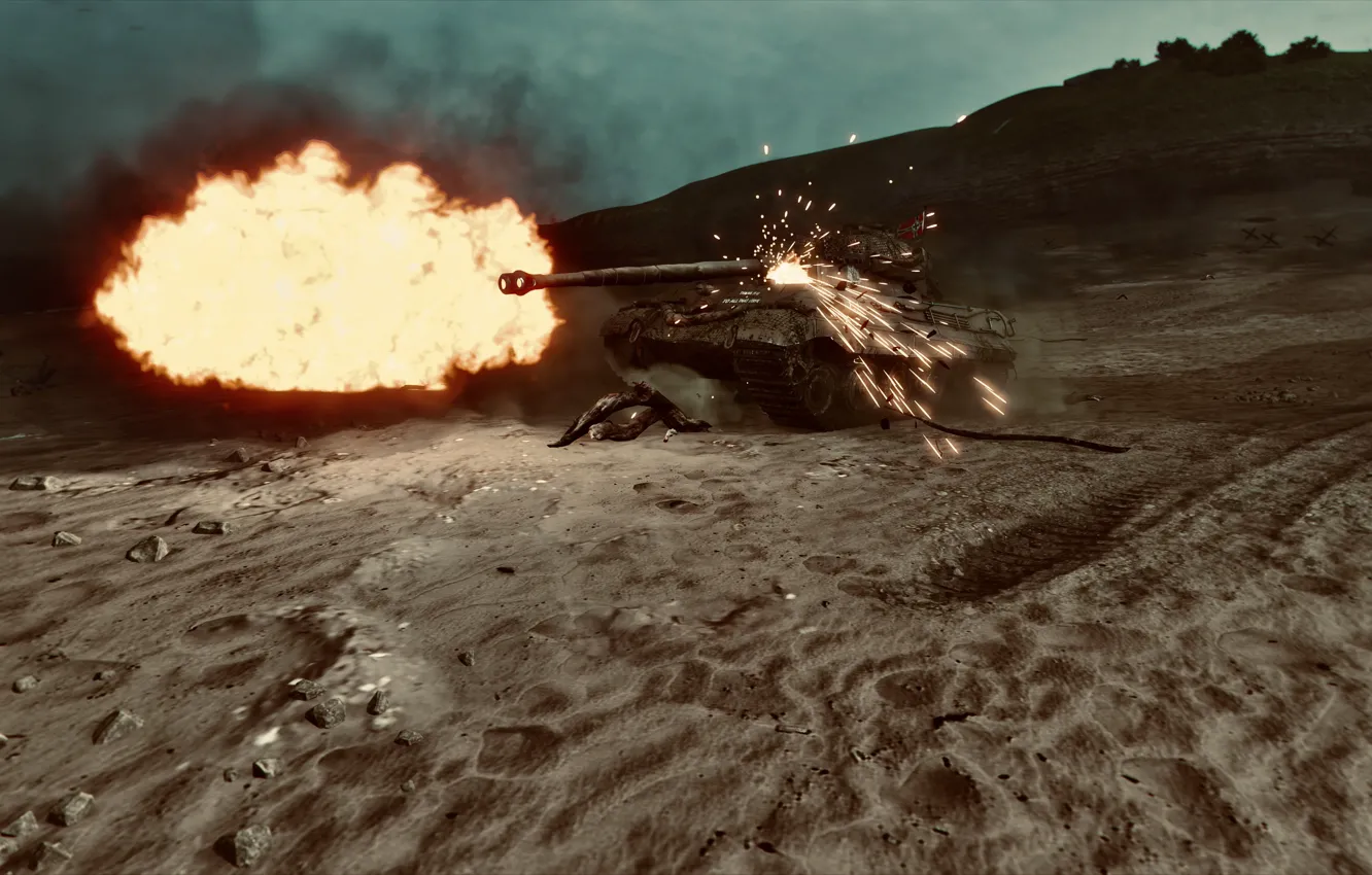 Photo wallpaper HDR, fire, game, beach, smoke, tiger, WoT, shot