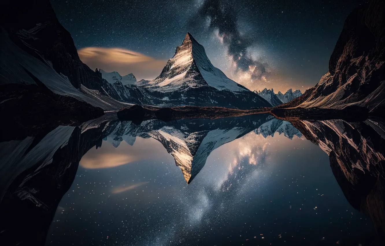 Photo wallpaper snow, landscape, mountains, nature, reflection, rendering, art, pond