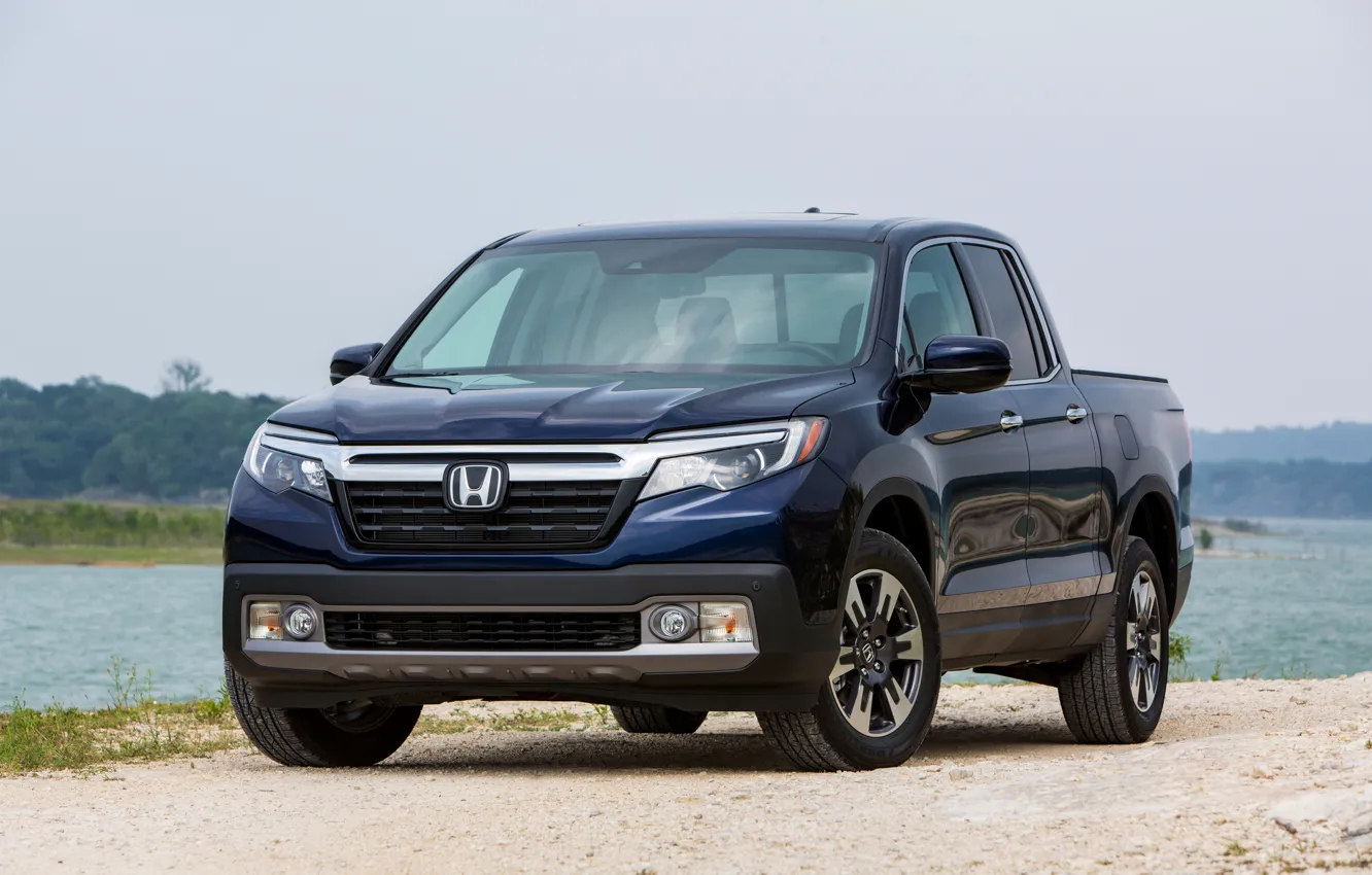 Photo wallpaper river, shore, Honda, pickup, dark blue, Ridgeline, 2019