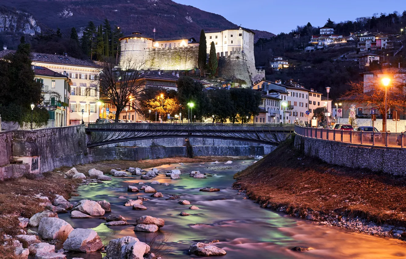 Photo wallpaper landscape, mountains, night, bridge, river, stones, castle, home