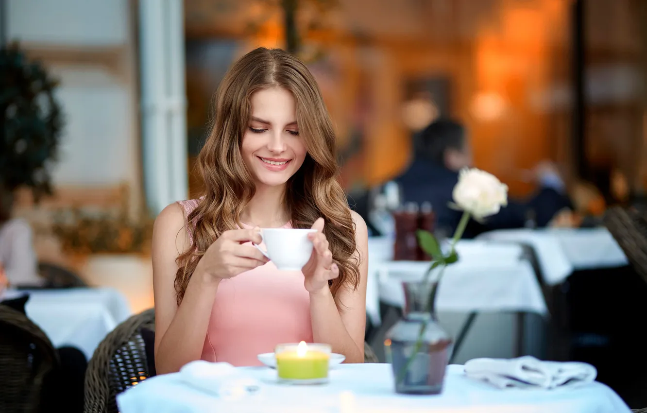 Photo wallpaper flowers, pose, model, portrait, hands, makeup, hairstyle, Cup