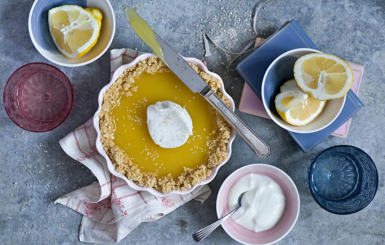 Photo wallpaper glass, lemon, pie, knife, lemon pie