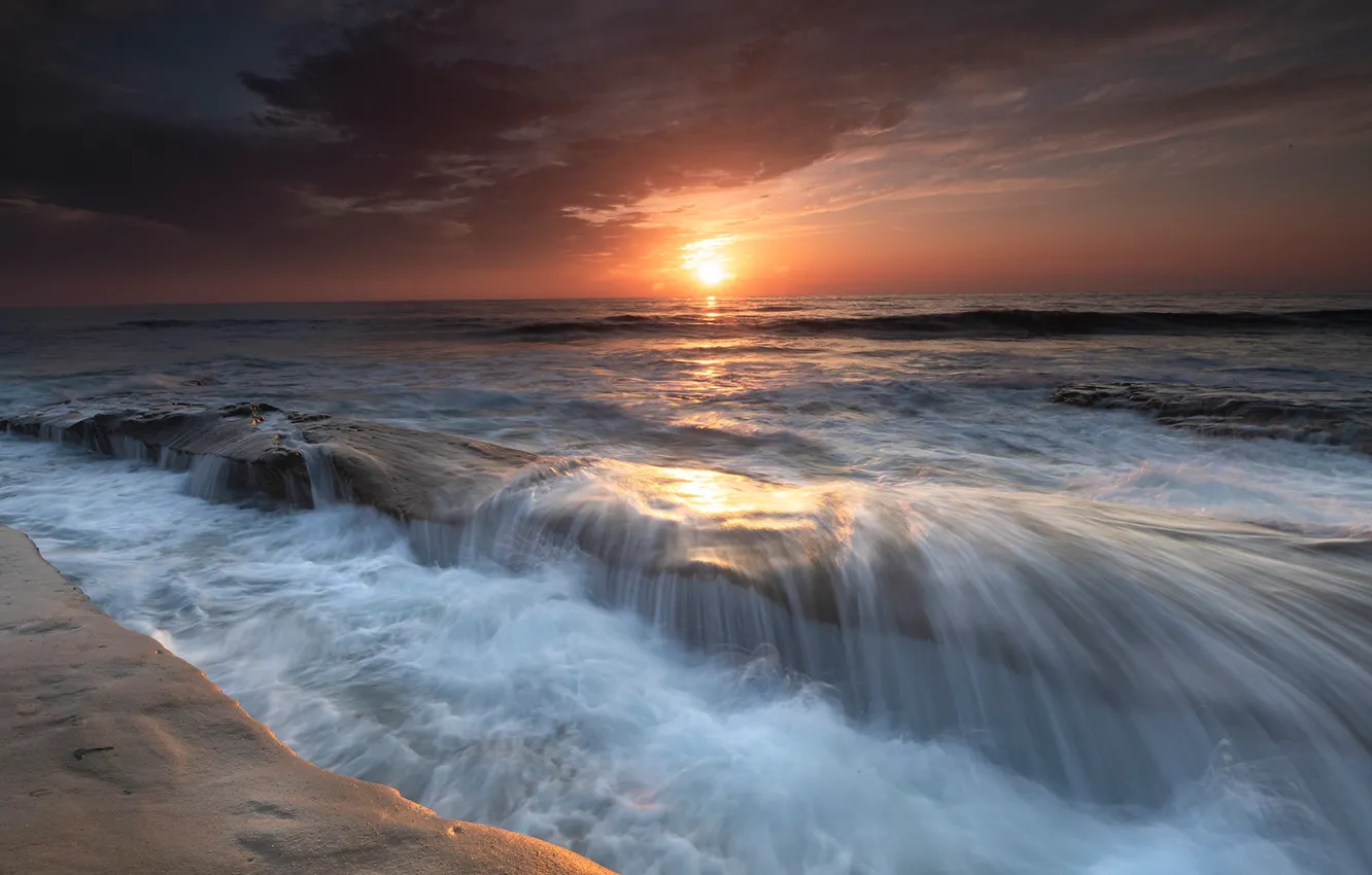 Photo wallpaper sea, the sky, sunset, shore, horizon, surf