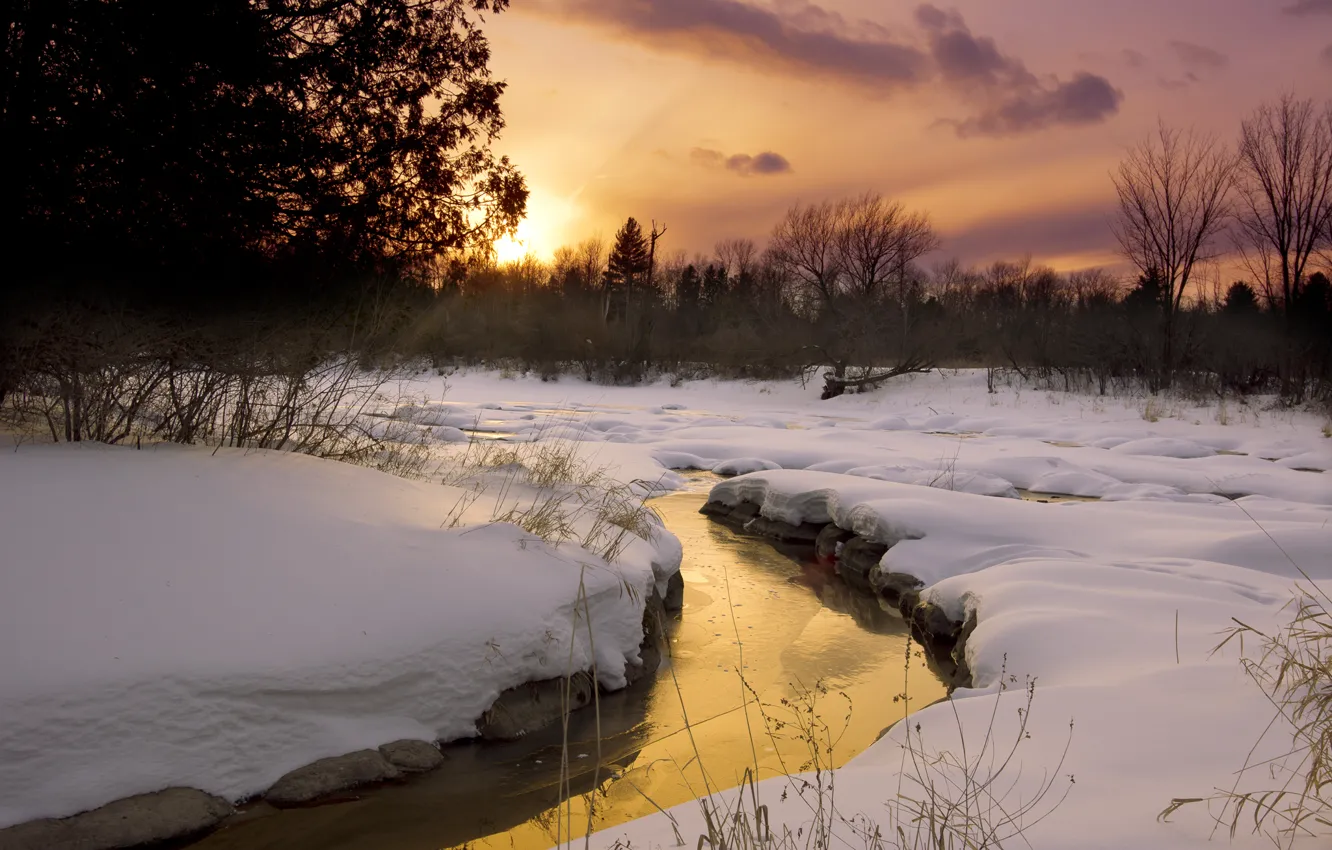 Photo wallpaper snow, sunset, reflection, stream