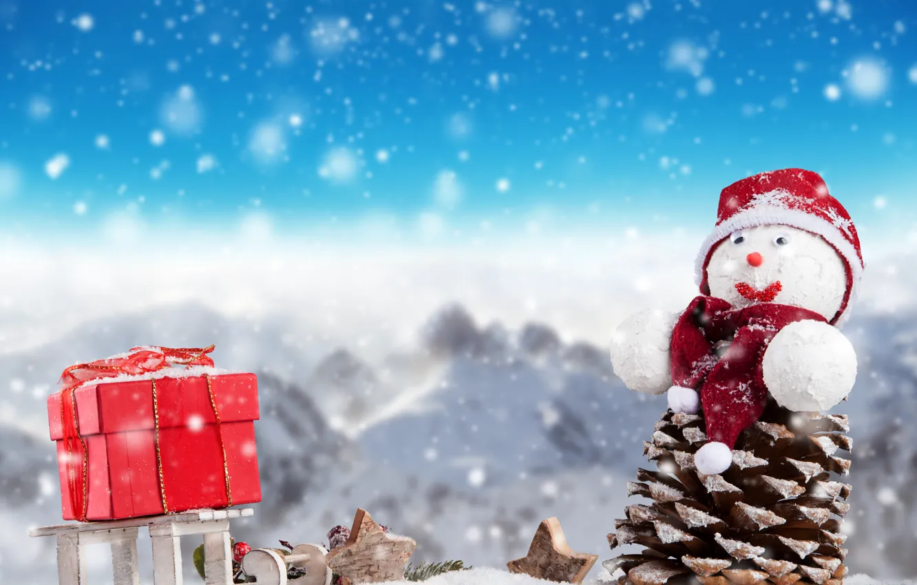 Photo wallpaper winter, snow, landscape, holiday, box, gift, new year, snowman