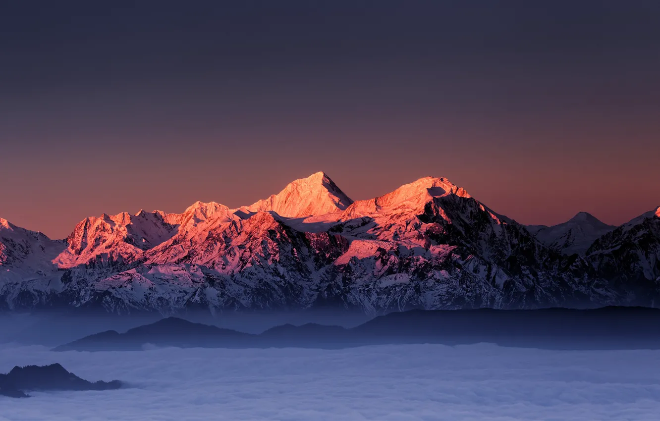 Photo wallpaper winter, the sky, snow, sunset, mountains, nature, fog, rocks