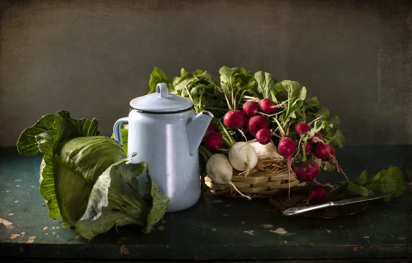 Photo wallpaper kettle, knife, still life, vegetables, cabbage, radishes, radish