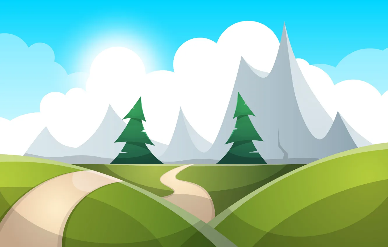 Photo wallpaper Mountains, Figure, Path, Trees, Forest, Rendering