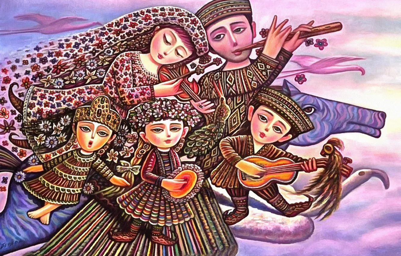 Photo wallpaper children, music, horse, family, Happiness, Sevada Grigoryan