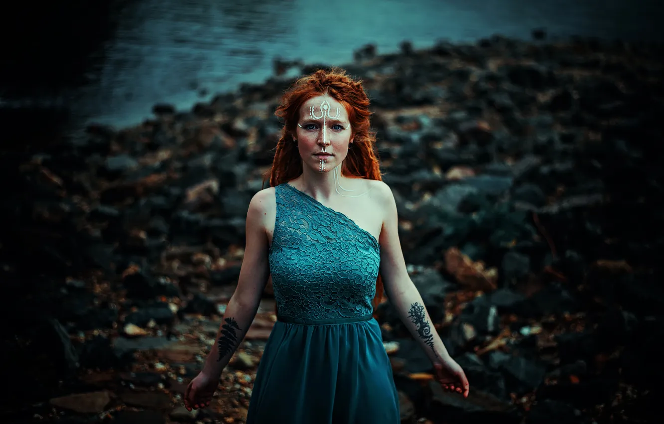Photo wallpaper look, girl, nature, pose, style, the dark background, stones, shore