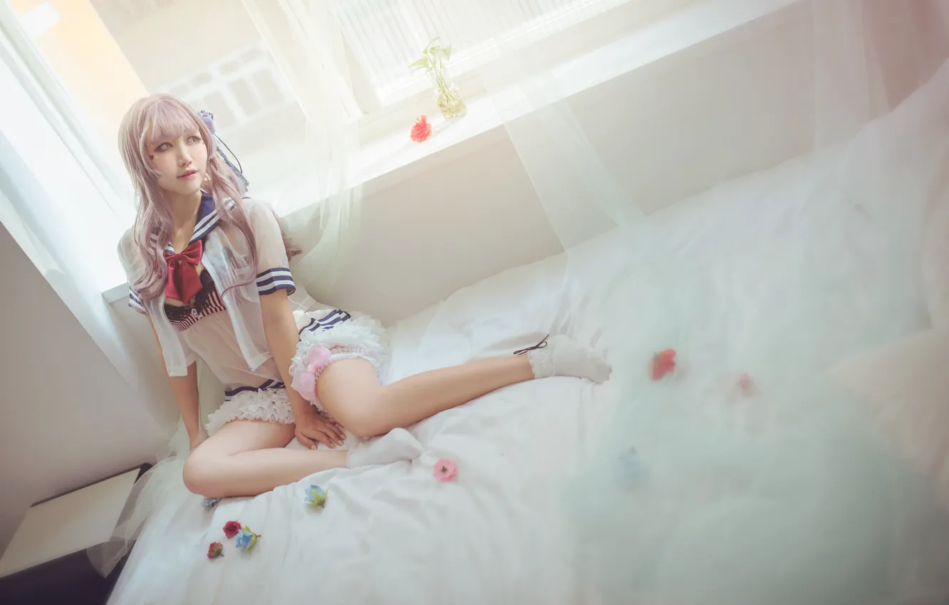 Photo wallpaper white, look, girl, light, face, pose, style, background