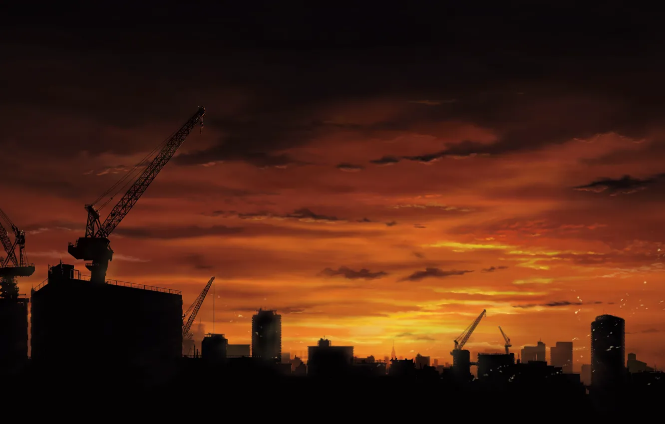 Photo wallpaper the sky, sunset, the city, tower cranes